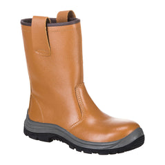 Tan Portwest Steelite Rigger Boot Unlined. Boot has a black sole, Grey sole upper, Protective toe, Leather finish, black inner and rigger boot upper attachments.