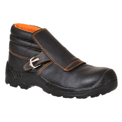 Black Portwest Compositelite Welders Boot S3. Boot has a welding cover over the laces and orange contrast on the stitching and inner. Boot has a scuff cap and black sole.
