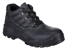 Black Portwest Steelite Protector Safety Boot. Boot has a black sole, Protective toe and black laces.