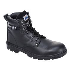 Black Portwest Steelite Thor Safety Boot. Boot has a black sole, Protective toe and black laces.