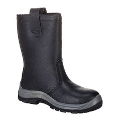 Black Portwest Steelite Rigger Boot. Boot has a black sole, Grey sole upper, Protective toe, Leather finish, black inner and rigger boot upper attachments.