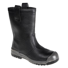 Black Portwest Steelite Rigger Boot. Boot has a black sole, Grey sole upper, Protective toe and grey toe scuff cap, Leather finish, Black inner and rigger boot upper attachments.