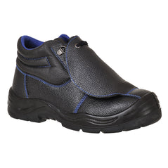 Black Portwest Steelite Metatarsal Safety Boot. Boot has a black sole, Protective toe and black and laces. Boot also has metatarsal protection and a lace protecting cover.