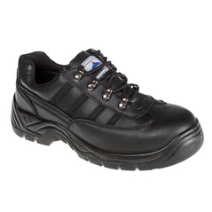 Black Portwest Steelite Safety Trainer. Trainer has a black sole, Protective toe and black laces.