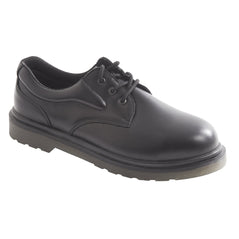 Black Portwest Steelite Air Cushion Safety Shoe. Shoe has a black sole. Protective toe and black laces.