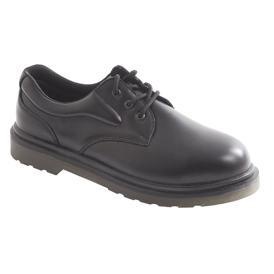 Black Portwest Steelite Air Cushion Safety Shoe. Shoe has a black sole. Protective toe and black laces.