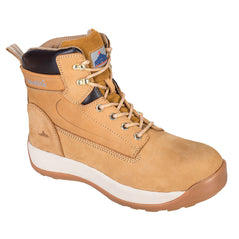 Honey Portwest Steelite Constructo Nubuck Boot. Boot has a Honey sole and white sole upper, Protective toe black contrast on the boot upper and honey laces.