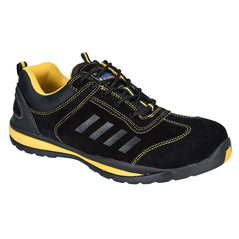 Black Portwest Steelite Lusum Safety Trainer. Trainer has a black sole Yellow sole upper, Protective toe and black laces. Trainer has yellow contrast through out.