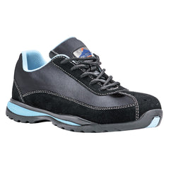 Black Portwest Steelite Ladies Safety Trainer. Trainer has a black sole blue sole upper, Protective toe and black laces.