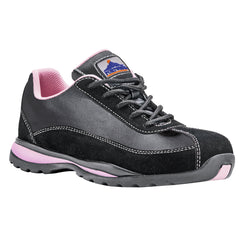 Black Portwest Steelite Ladies Safety Trainer. Trainer has a black sole pink sole upper, Protective toe and black laces.