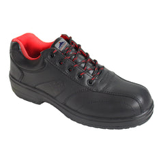 Black Portwest Steelite Ladies Safety Shoe. Shoe has a black sole, Protective toe and black and red laces.