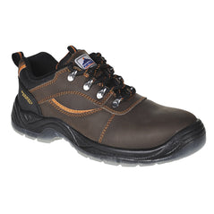 Brown Portwest Steelite Mustang Safety Shoe. Shoe has a black and grey sole. Protective toe and black and orange laces. Shoe has orange stitching through out.