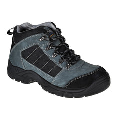 Black Portwest Steelite Trekker Safety Boot. Boot has a black sole, Protective toe and black and grey laces. Boot has grey contrast though out the main part of the boot.