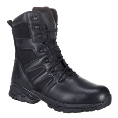 Black Portwest Steelite Taskforce Safety Boot. Boot has a black sole, Protective toe and black laces. Boot is high leg for task force work.