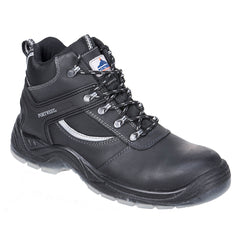 Black Portwest Steelite Mustang Safety Boot. Boot has a black and grey sole. Protective toe and black and white laces.