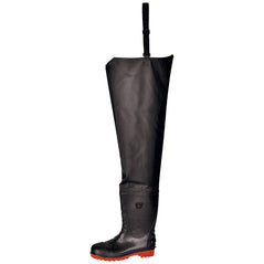 Black portwest safety waist wader S5. Waders are high leg and have straps to clip onto the waist. Toe is protective and has red sole.