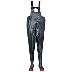 Black Portwest Safety Chest wader. Wader has black leg area, shoulder straps and boot area. Boots have protective toe and red sole.