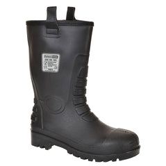 Black portwest neptune rigger boot. Boot has protective toe and areas for clips on top of the boot.