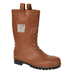 Brown portwest neptune rigger boot. Boot has protective toe and areas for clips on top of the boot.