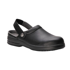 Black Portwest Steelite Safety Clog. Clog has open back a black sole and is slip on for ease of getting on and off.