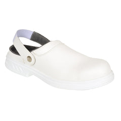White Portwest Steelite Safety Clog. Clog has open back a white sole and is slip on for ease of getting on and off.