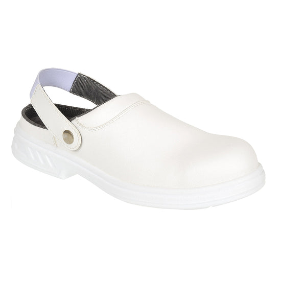 White Portwest Steelite Safety Clog. Clog has open back a white sole and is slip on for ease of getting on and off.