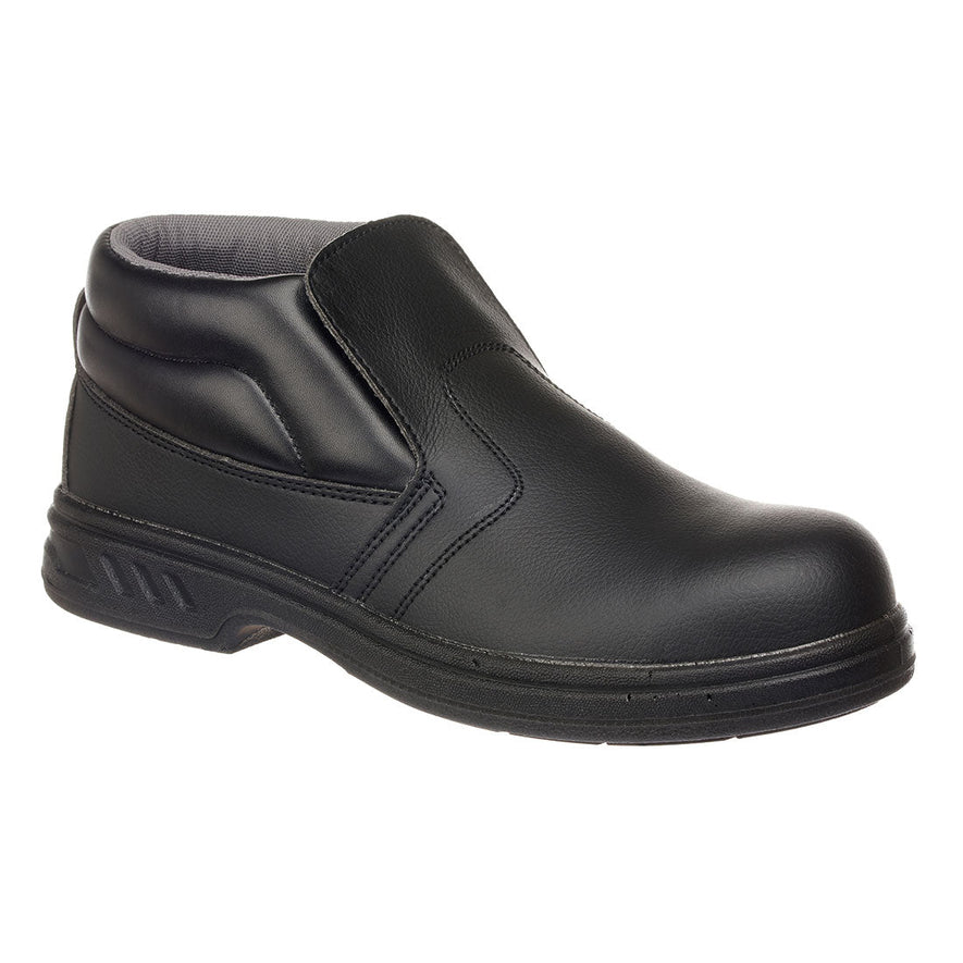 Black Slip On Safety Boot with ankle support, stitching, tongue on top and grey inner lining.