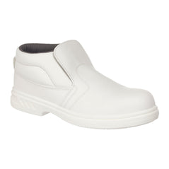 White Slip On Safety Boot with ankle support, stitching, tongue on top and grey inner lining.
