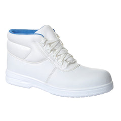 White Portwest Steelite Albus Safety boot. Boot has a white sole. Protective toe and blue inner.