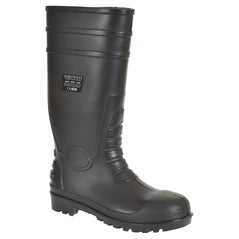 Black Portwest Total Safety Wellington. Boot has a protective toe black sole and a black scuff cap on the toe.