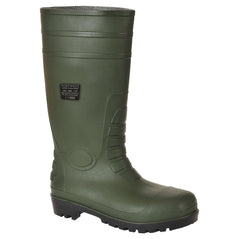 Green Portwest Total Safety Wellington. Boot has a protective toe black sole and a green scuff cap on the toe.