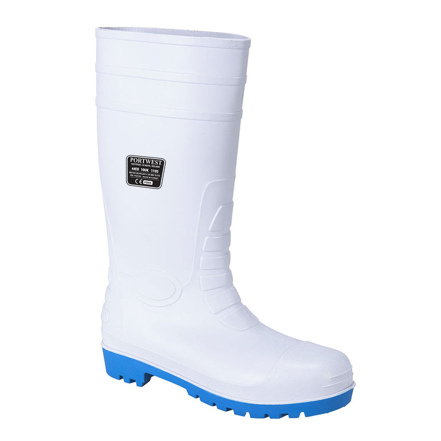 White Portwest Total Safety Wellington. Boot has a protective toe blue sole and a white scuff cap on the toe.