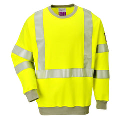Yellow flame resistant anti static long sleeve sweatshirt with grey collar and grey wrist cuffs. Hi vis band across the chest. two shoulder bands and two arm bands.
