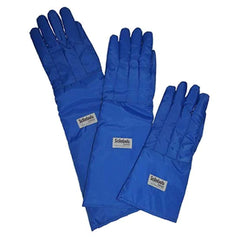 Three Blue thermal cryogenic gauntlet gloves. Gloves are blue and in three different sizes.