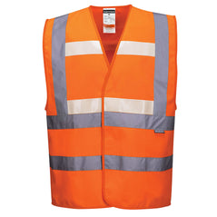Orange Portwest Triple Technology vest. Vest is velcro fasten, Has glowtex bands on the chest and hi vis bands on the waist and shoulders.