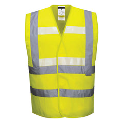 Yellow Portwest Triple Technology vest. Vest is velcro fasten, Has glowtex bands on the chest and hi vis bands on the waist and shoulders.