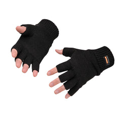 Black fingerless insulated glove. Glove is used for warmth and dexterity.