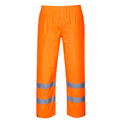 Orange hi vis rain trousers with hi vis ankle bands on the ankles.