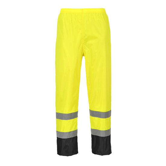 Yellow Hi-Vis classic contrast rain Trouser with reflective strips on the ankles and Black contrast on the bottom of the legs.