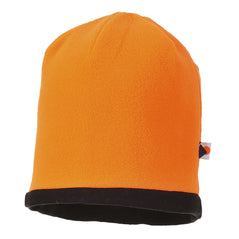 Orange Hi vis reversible beanie hat. Beanie hat has orange outer and reversible black inner.