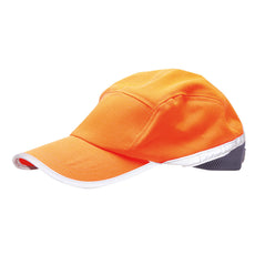 Orange hi vis baseball style cap with navy mesh contrast. Cap has hi vis band across the lower.