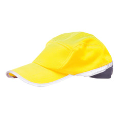 Yellow hi vis baseball style cap with navy mesh contrast. Cap has hi vis band across the lower.