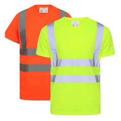 Orange and Yellow Hi vis V neck short sleeve t-shirt. T-Shirts have two hi vis waist bands and hi vis shoulder bands.