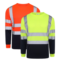 Orange and Yellow Hi vis crew neck long sleeve two tone t-shirt with navy accents at the bottom of the shirt and sleeves. T-Shirts have two hi vis waist bands and hi vis shoulder bands.