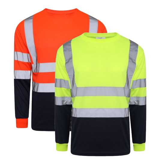 Orange and Yellow Hi vis crew neck long sleeve two tone t-shirt with navy accents at the bottom of the shirt and sleeves. T-Shirts have two hi vis waist bands and hi vis shoulder bands.