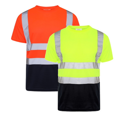 Orange and Yellow Hi vis crew neck short sleeve two tone t-shirt with navy accents at the bottom of the shirt. T-Shirts have two hi vis waist bands and hi vis shoulder bands.