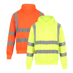 Orange and Yellow Hi vis hooded sweatshirt. Sweatshirts have a large front pocket, two hi vis waist bands and hi vis shoulder bands.