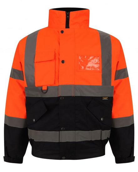 Orange Hi vis bomber jacket with two tone accents on the sleeve and bottom of the jacket. Two waist bands and shoulder bands. Pop button fasten with a id holder, chest and waist pockets.