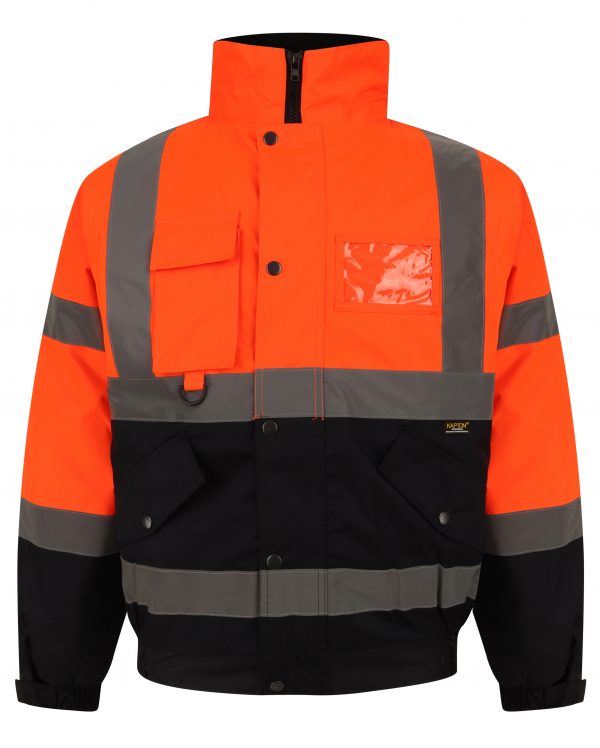 Orange Hi vis bomber jacket with two tone accents on the sleeve and bottom of the jacket. Two waist bands and shoulder bands. Pop button fasten with a id holder, chest and waist pockets.