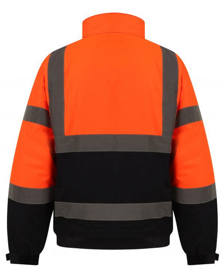 Back of Orange Hi vis bomber jacket with two tone accents on the sleeve and bottom of the jacket. Two waist bands and shoulder bands. 